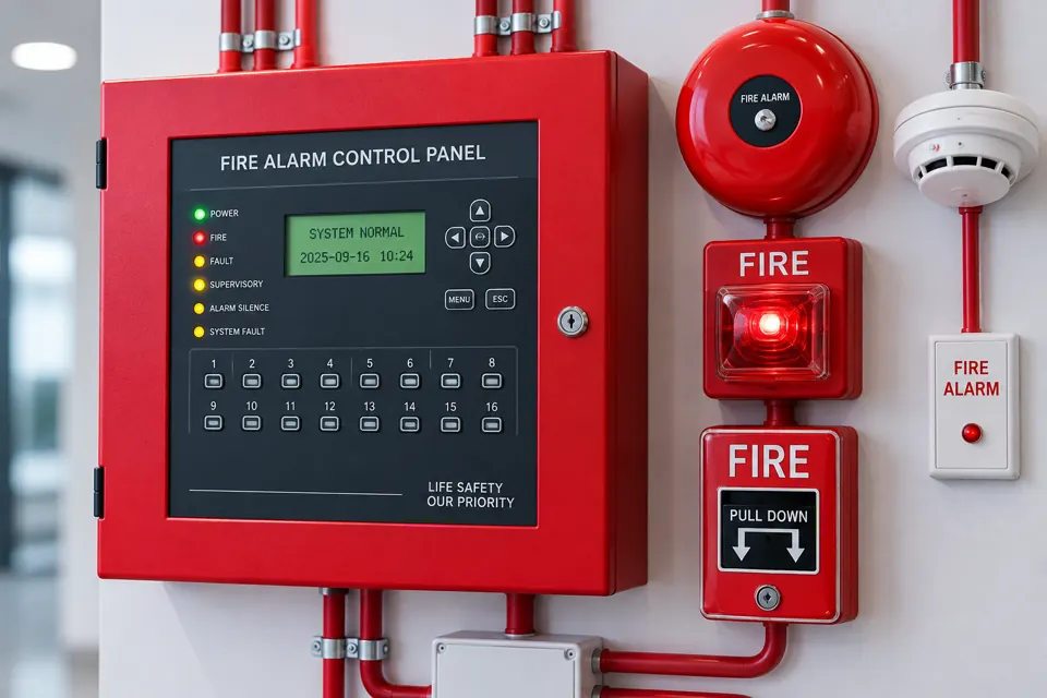 Fire alarm system equipment on a commercial building wall